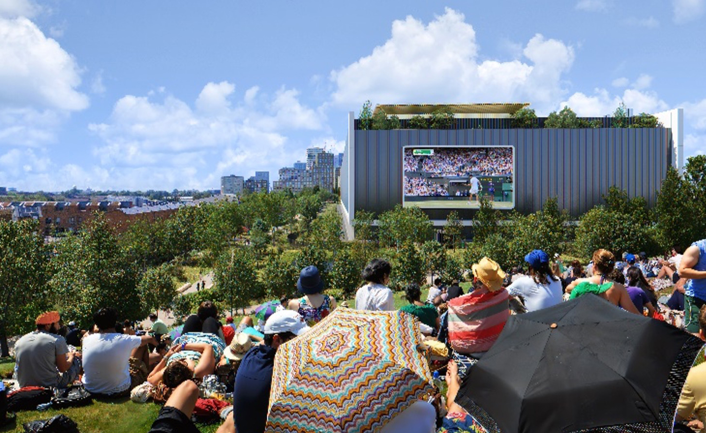 View of the proposed data centre from Glade Lane Canalside Park mounds showing the proposed outdoor cinema screen (copyright WAX Architectural Visualisations)